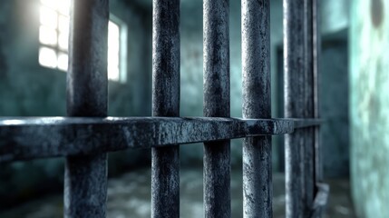 Close-up of prison cell bars with gloomy background, representing incarceration, confinement, and justice system in a dimly lit environment.