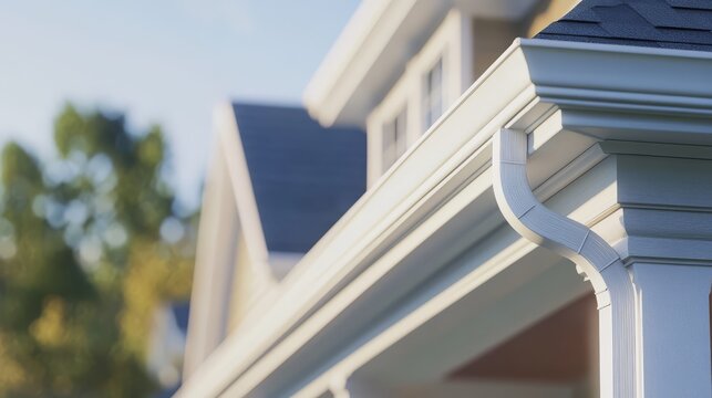 Close-up view of a white house gutter system and roof in suburban neighborhood, with greenery and blue sky in the background.