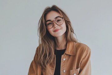 Young woman with glasses smiling in casual outfit against neutral background
