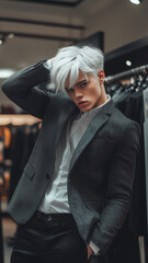 social media influencer, white hair and grey eyes wearing stylish business attire. Background of fashion store. Posing for his profile picture, trying to look good.