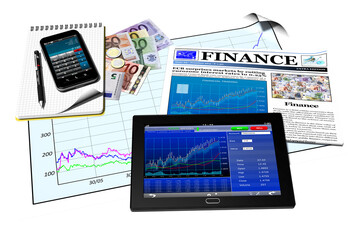 PNG. Trasparente. Dispositivi informatici mobili con schermata relativa a finanza, borsa, banche..