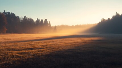 Fototapeta premium Breathtaking dawn landscape with soft warm illumination casting long shadows across the ground creating a serene and tranquil atmosphere in the fresh new day