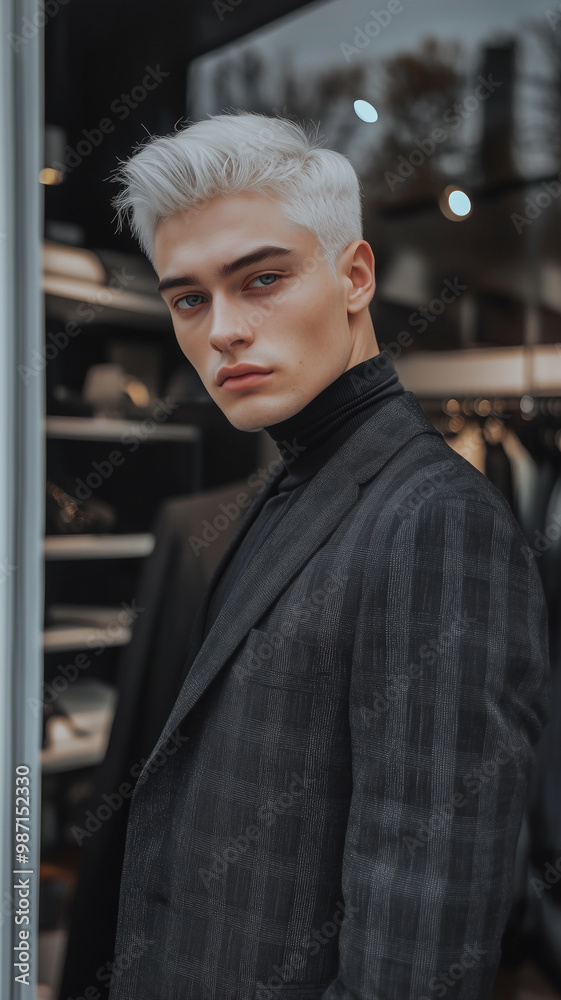 Canvas Prints social media influencer, white hair and grey eyes wearing stylish business attire. Background of fashion store. Posing for his profile picture, trying to look good.