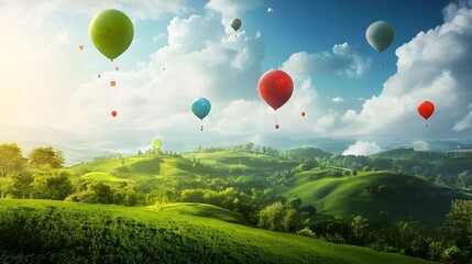 Fototapeta premium Whimsical balloons gracefully floating above a lush verdant landscape creating a sense of dreamlike escapism and wonder