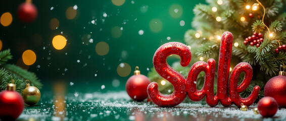 A captivating display highlights a red Sale sign amidst twinkling lights and decorated Christmas trees, evoking a joyful holiday shopping atmosphere