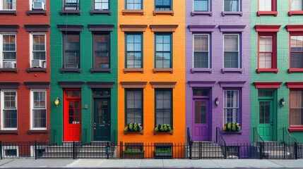 Fototapeta premium Colorful Architectural Facade With Vibrant Rainbow Windows and Doors in Urban City Neighborhood Residential Building With Contrasting Bright Colors