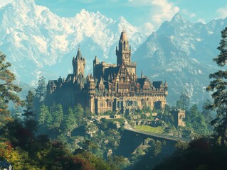 Fototapeta premium Majestic castle nestled among lush green forests and towering snow-capped mountains under a cloudy sky, AI Generation