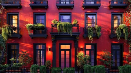 Naklejka premium Vibrant and captivating architectural facade with lush floral balconies and warm festive lighting illuminating the building at night