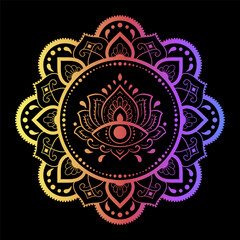 Circular pattern in form of mandala with lotus flower for Henna, Mehndi, tattoo, decoration. Decorative ornament in ethnic oriental style. Rainbow pattern on black background.