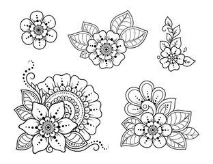Set of Mehndi flower pattern for Henna drawing and tattoo. Decoration in ethnic oriental, Indian style. Doodle ornament. Outline hand draw vector illustration.