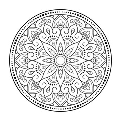 Circular pattern in form of mandala with flower for Henna, Mehndi, tattoo, decoration. Decorative ornament in ethnic oriental style. Outline doodle hand draw vector illustration.