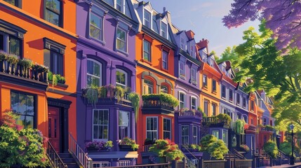 Obraz premium Vibrant Colorful Townhouses Lining a Quaint European Neighborhood Street with Lush Foliage Architectural Details and a Charming Historic Ambiance