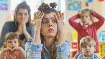 The daycare teacher shrieks in panic, seeing an oversized group of naughty children.