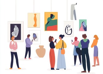 Fototapeta premium Cultural Connoisseurs: Flat Vector Illustration of People Engaging in an Art Gallery
