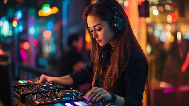 Female DJ mixing music at a vibrant night club with colorful lights, wearing headphones and focused on her equipment.