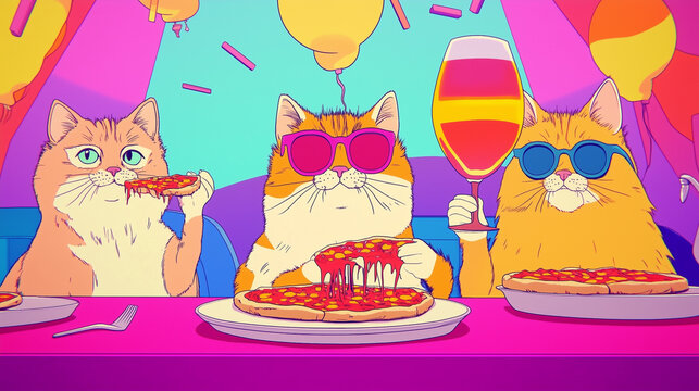 The cats are having a fun party while eating pizza. A colorful and pop illustration.