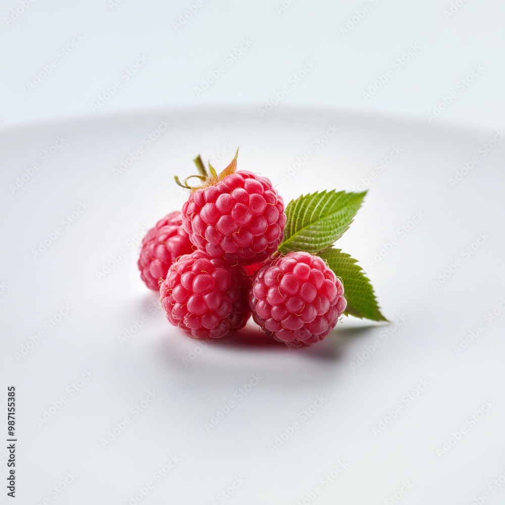 Poster a close-up of four raspberries on a plain white surface.