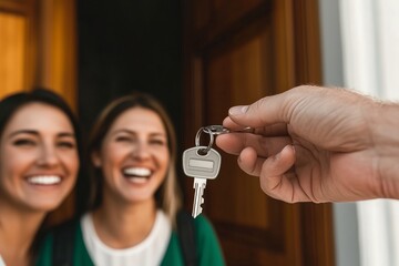 Two smiling women receiving keys to a new home in a warm, inviting entrance.