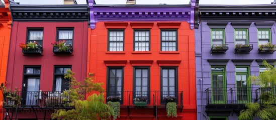 Fototapeta premium Colorful Facade of Vibrant Townhouses in a Historic English Town Rows of brightly painted apartment buildings with detailed architectural elements balconies