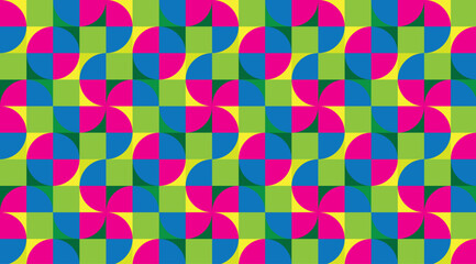 
Seamless decorative geometric pattern of quarter circle shapes in magenta and blue on a green combination square background. Perfect for printing, design and textiles