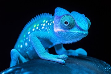 Obraz premium Blue lizard with white spots on its back. It has a green eye and is looking at the camera. A chameleon sits on a car painted in bright neon green