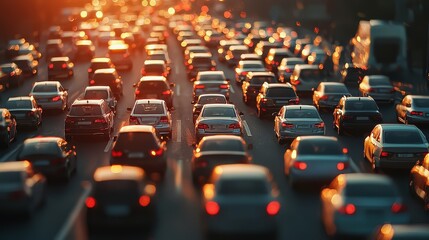 Obraz premium Heavy traffic jam on a busy highway during sunset, with cars lined up and reflecting the golden light.