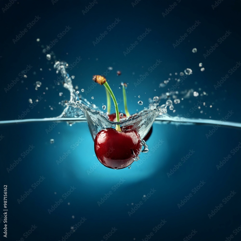 Poster Two cherries fall into a blue liquid, creating a splash with droplets.