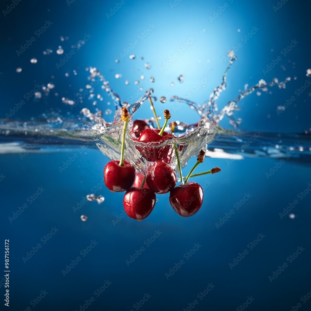 Poster cherries fall into a body of water creating a splash.