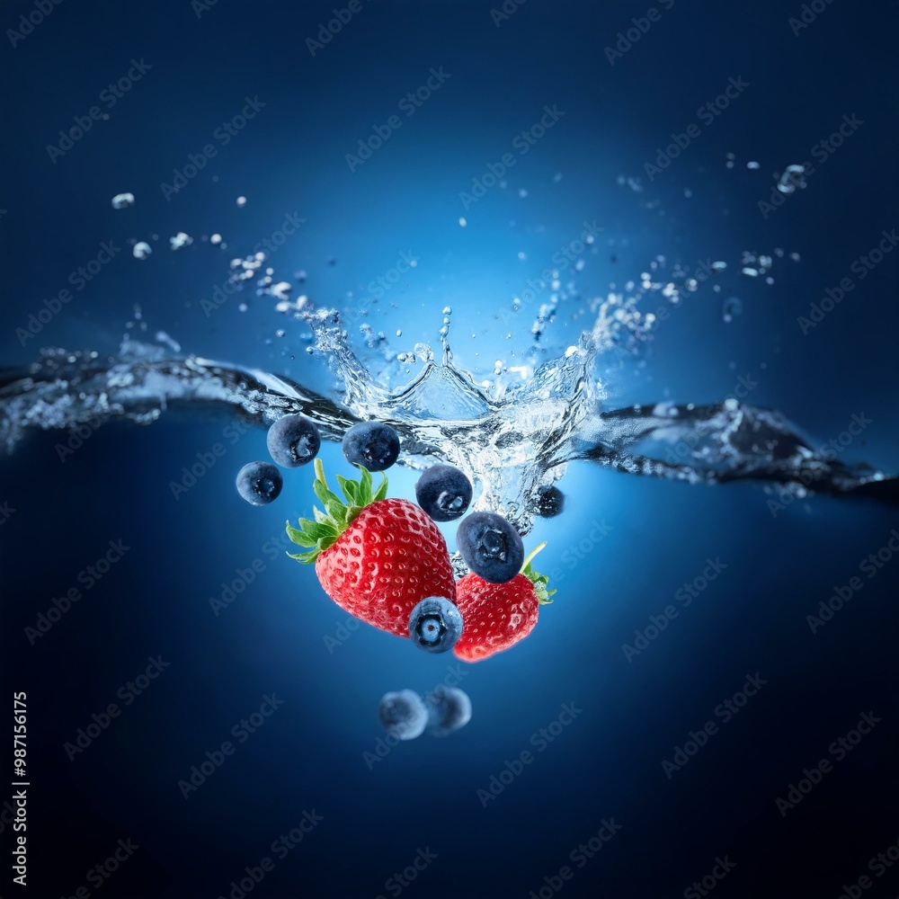 Poster two ripe red strawberries and a few blueberries fall into a blue pool of water, creating a splash.