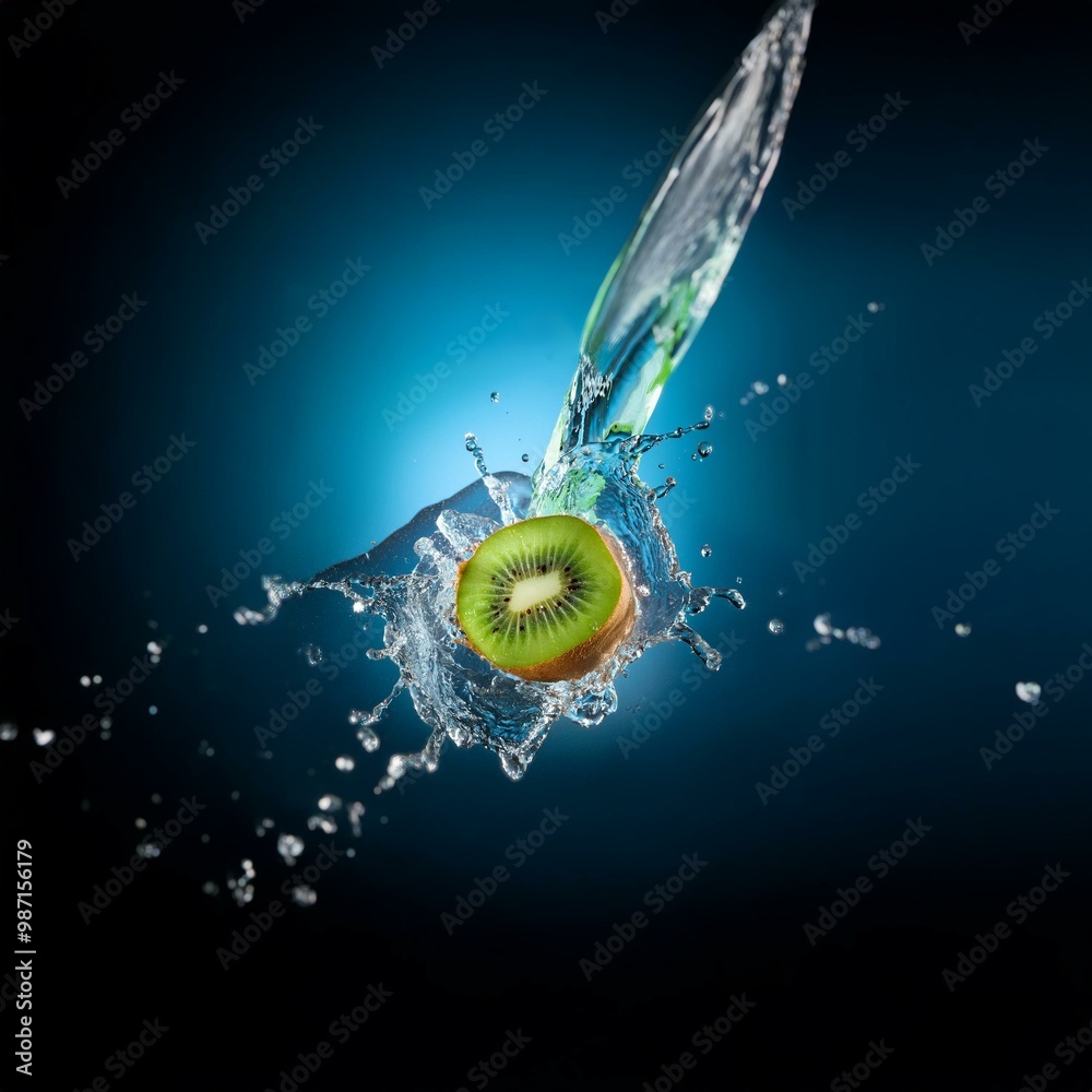 Poster a kiwi fruit slice falls into a splash of water, creating a frozen moment of movement.