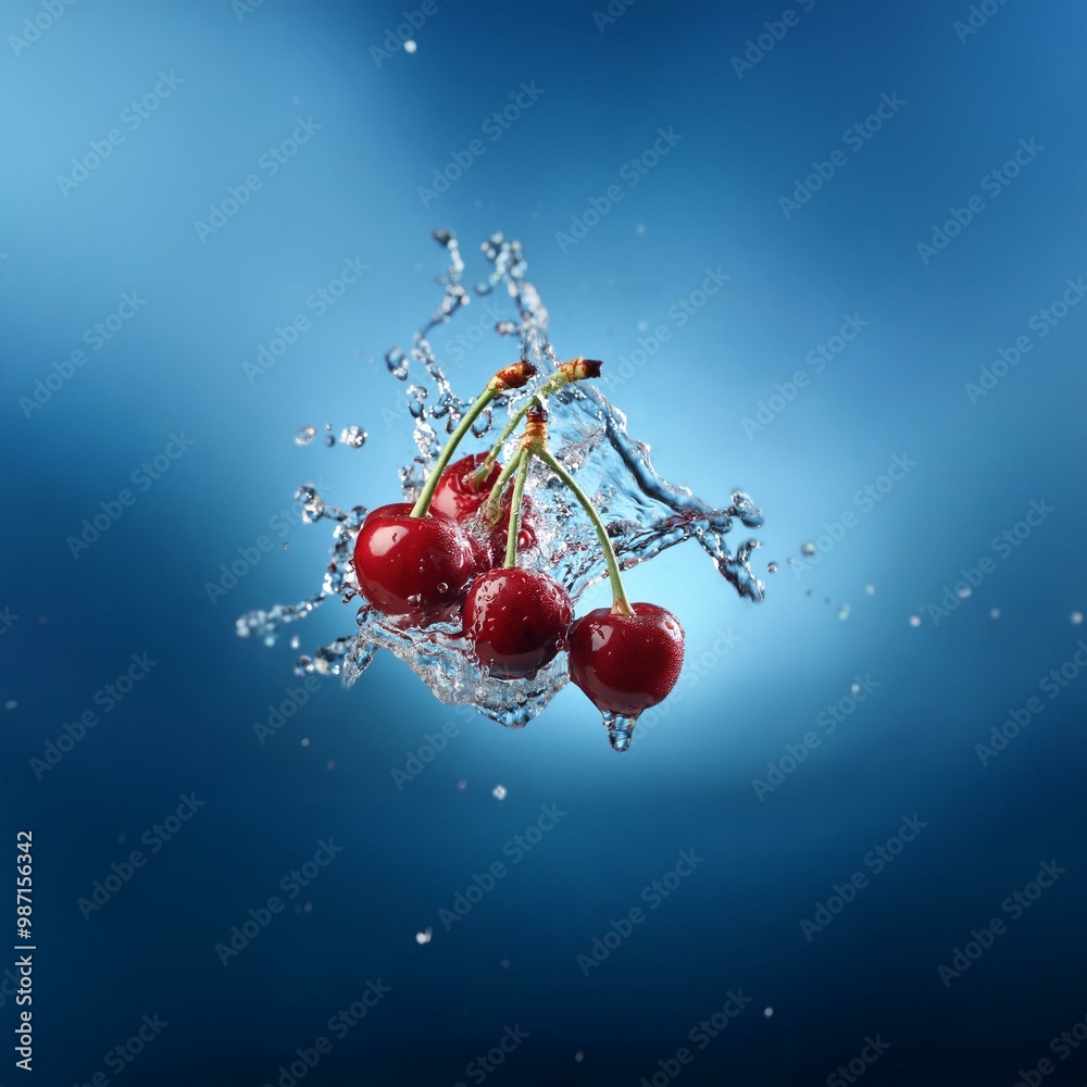 Poster red cherries with green stems are falling into water, creating a splash.