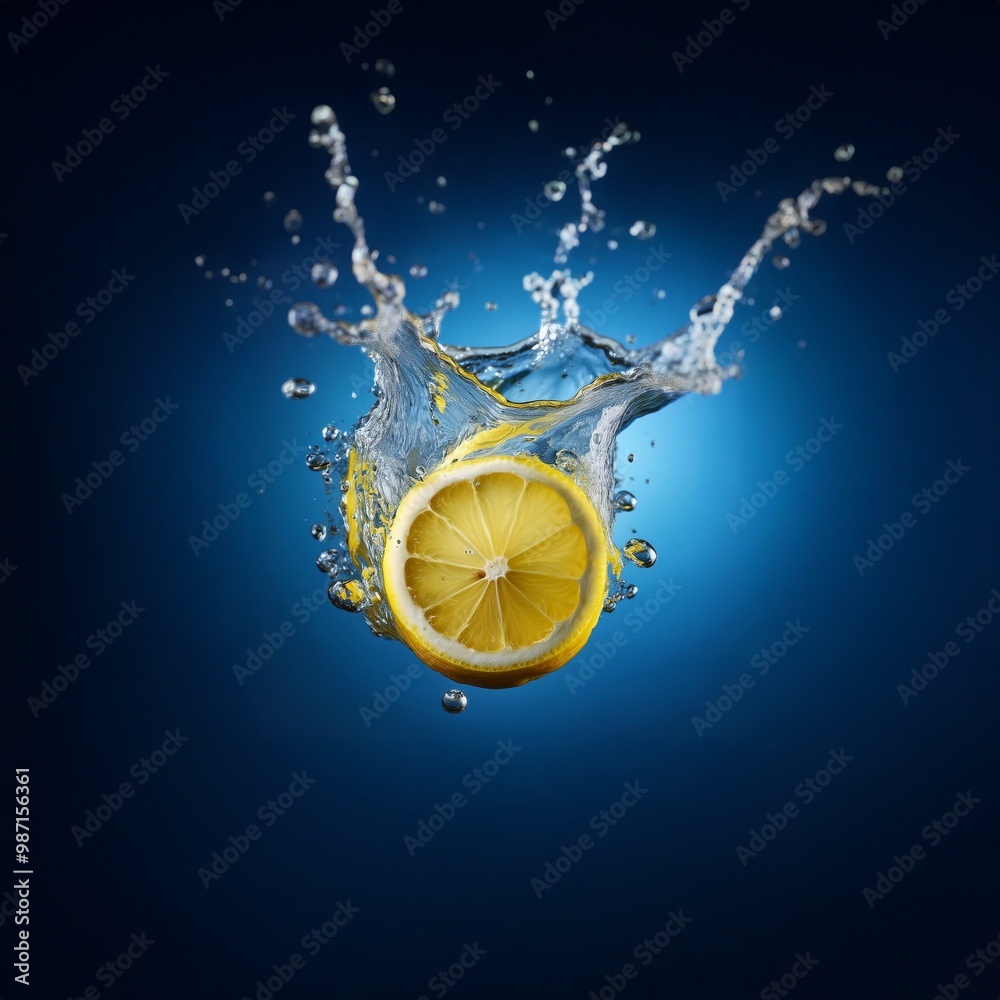 Poster A lemon slice falling into water with a splashing effect against a blue background.