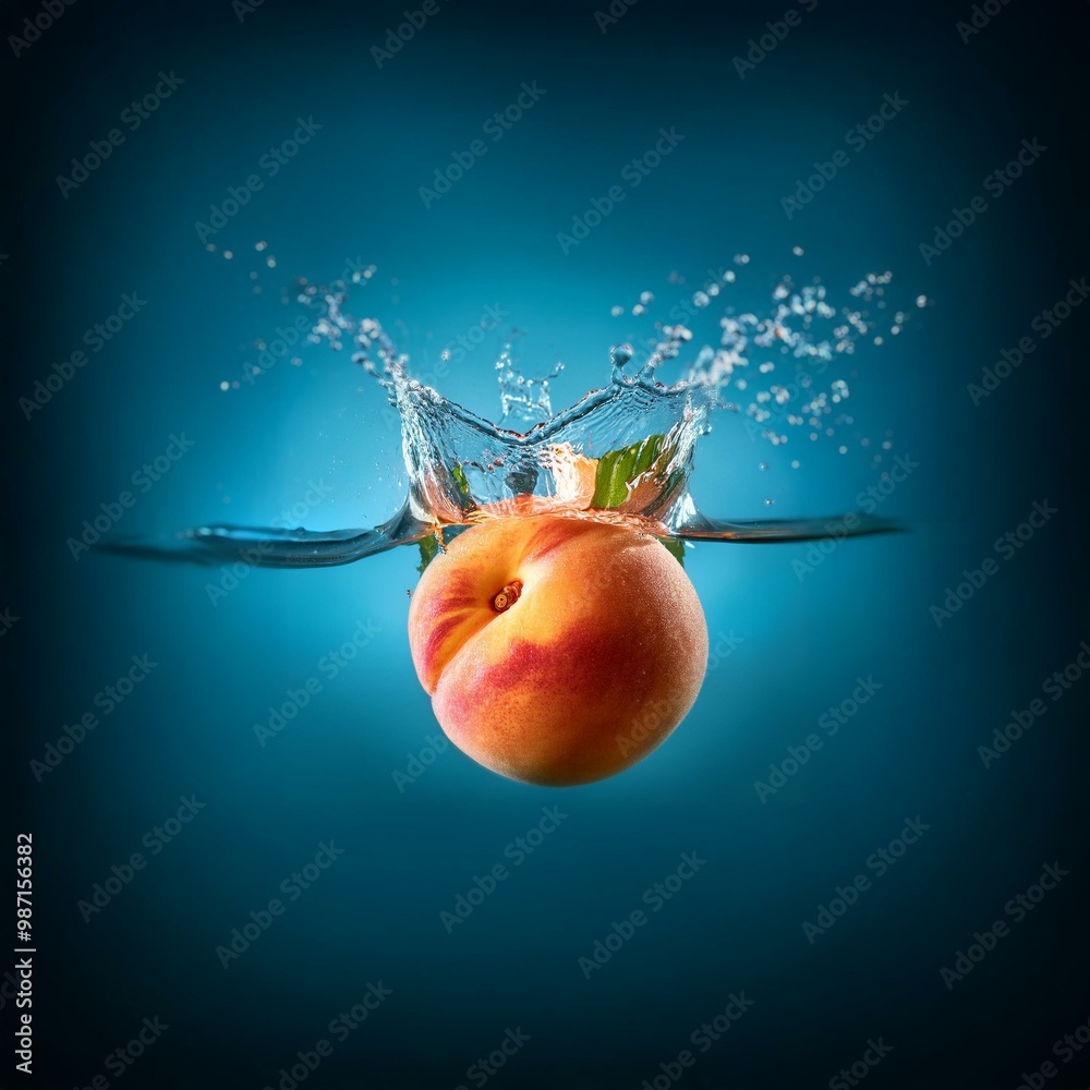 Poster a peach falls into a blue liquid, creating a splash with ripples and bubbles.