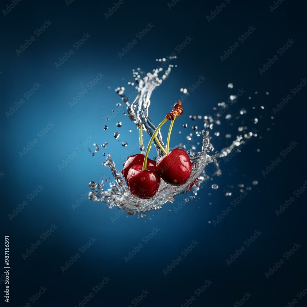 Poster three cherries fall into a pool of water, creating a splash of droplets against a dark blue backdrop