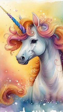 Cute Happy Unicorn Watercolor Illustration - Magical Fantasy Creature in Fairytale World, Vertical Video