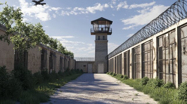High-security prison yard with barbed wire fences, watchtowers, and an airplane flying overhead on a sunny day.