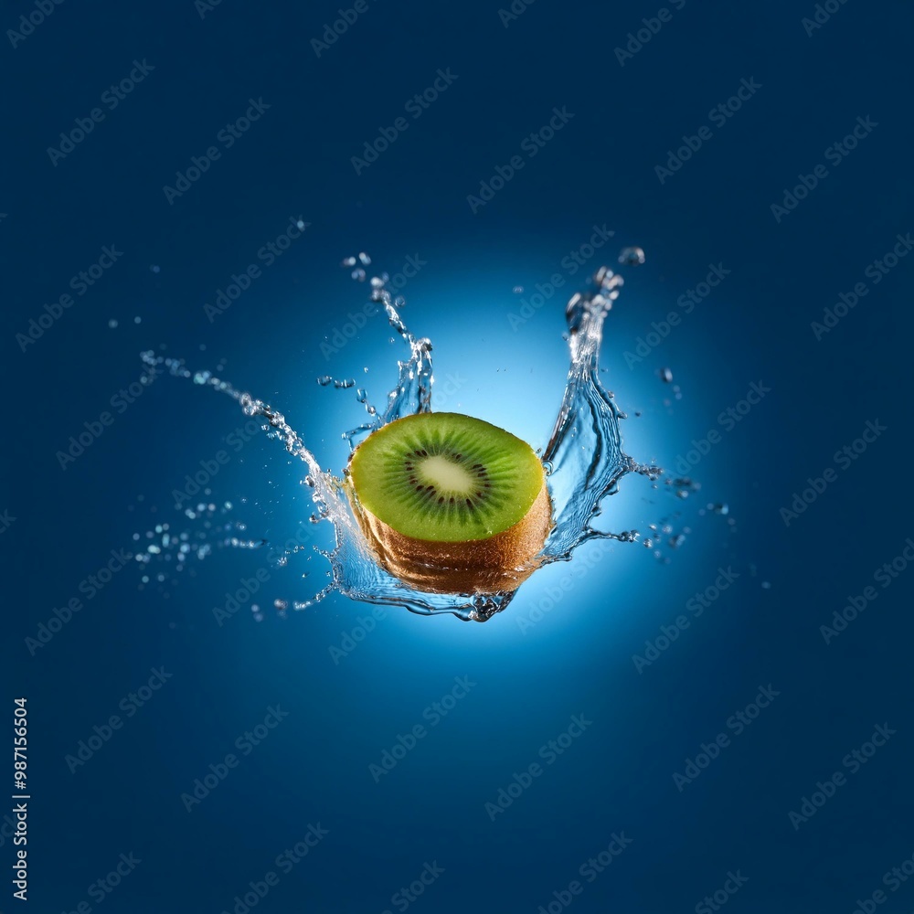 Poster a kiwi fruit slice falling into water, creating a splash against a blue background.