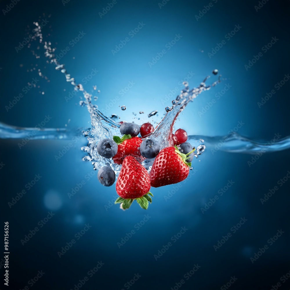Aufkleber blueberries and strawberries splash into a blue liquid, creating a burst of water droplets.