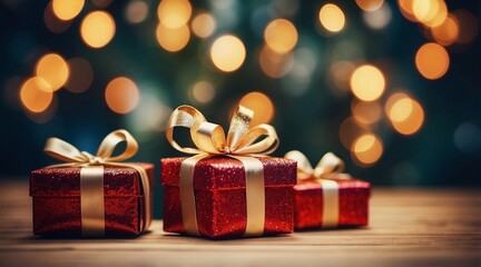 Photo of red Christmas gift boxes with golden ribbons and bows. Sparkling blurred background with bokeh. Beautiful illustration for web and social media
