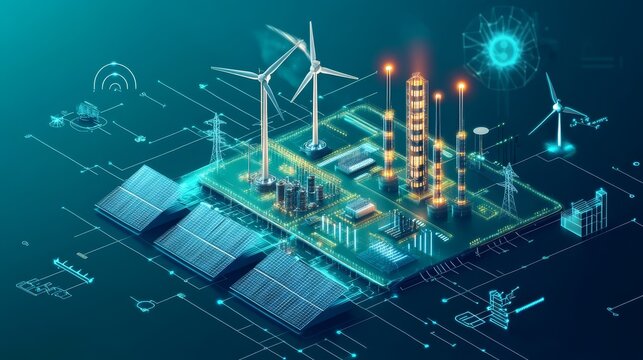 Innovative smart city energy grid with wind turbines, solar panels, and futuristic technology integration concept illustration
