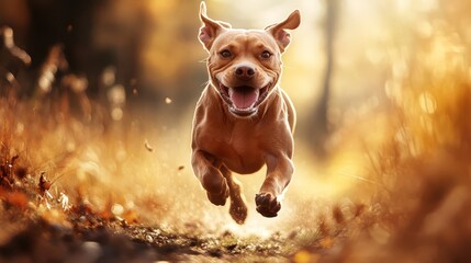 Joyful dog running through an autumn forest with warm sunlight filtering through the trees, capturing the essence of happiness and freedom.