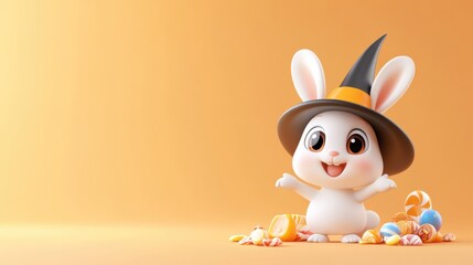 Obraz premium Cute Cartoon Rabbit Mascot in Colorful Holiday Costume on Yellow Background