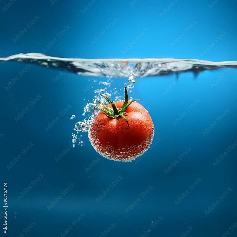 Poster a single red tomato falls into a clear blue water, creating a splash with bubbles.