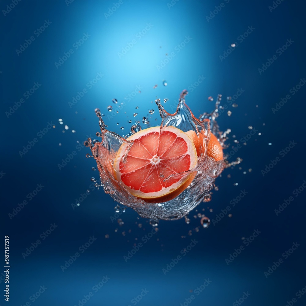 Poster a grapefruit half is submerged in a splash of water against a blue background.