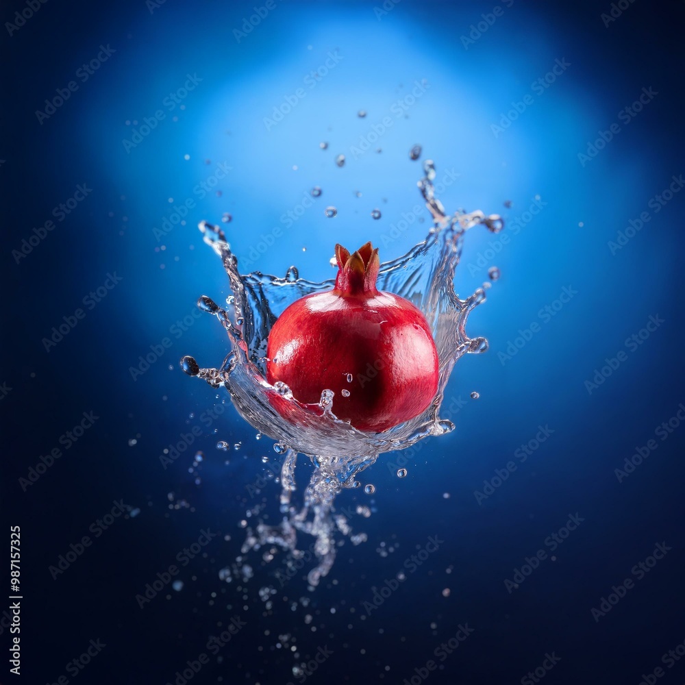 Poster a red pomegranate falls into a pool of water, creating a dramatic splash.