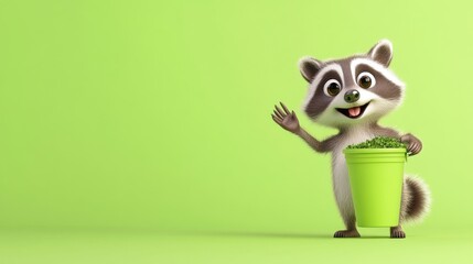 Fototapeta premium Cheerful Cartoon Raccoon Holding Eco Friendly Cup in Green Forest