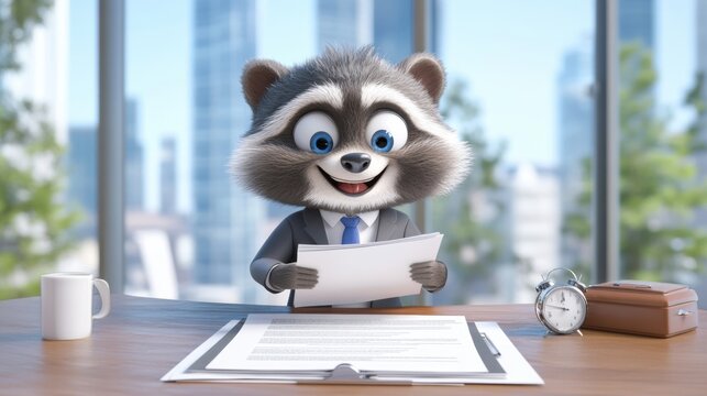 Diligent Raccoon Executive Reviewing Documents at Workplace Desk