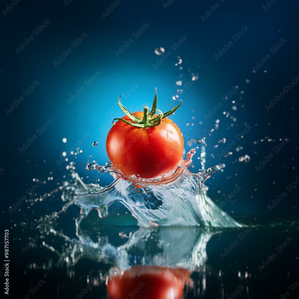 Poster A red tomato falls into a pool of water, creating a large splash and droplets.