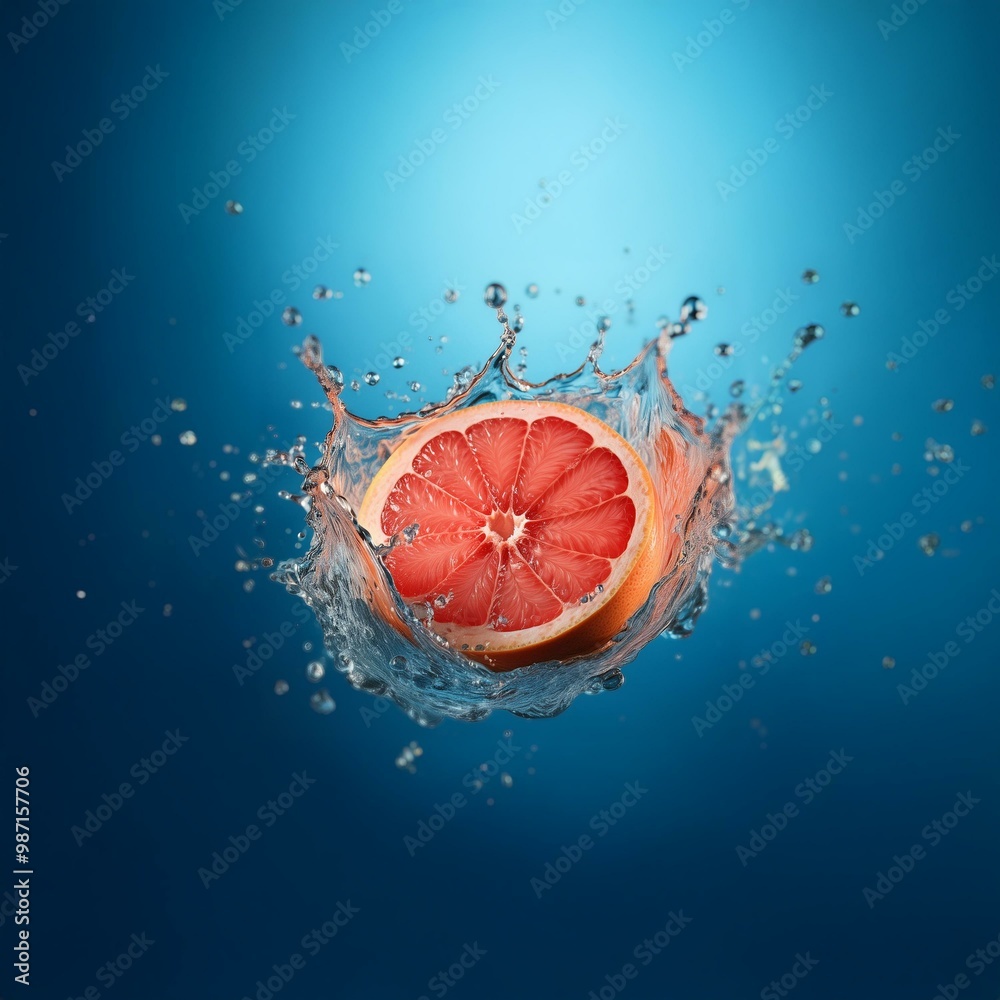 Aufkleber A grapefruit half falls into a pool of water, creating a large splash with droplets flying outward.
