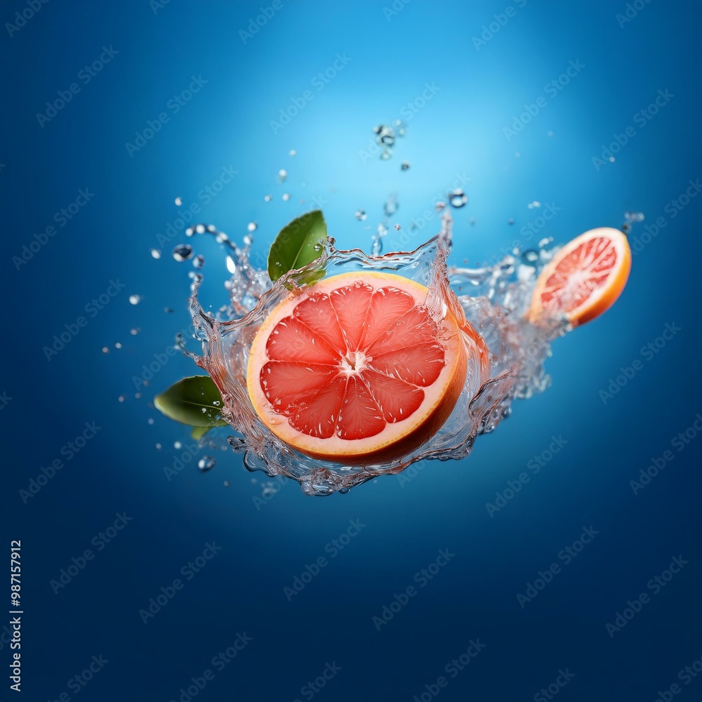 Poster a grapefruit half falls through water, splashing and creating a crown of droplets.